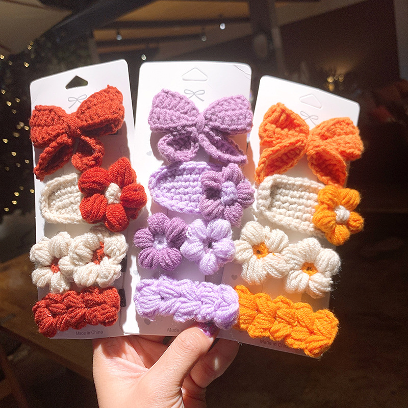 Knitted Bow Barrettes Wool Children&#039;s Hairpin Headdress Girls&#039; Hand-Woven Flowers Folder Women&#039;s Korean Hair Accessories