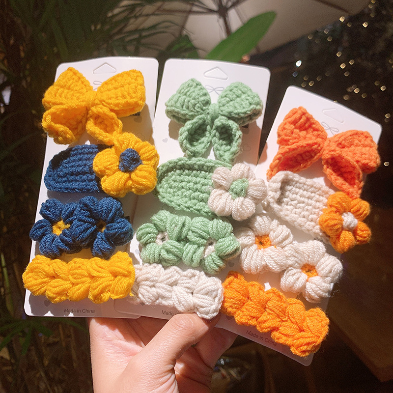 Knitted Bow Barrettes Wool Children&#039;s Hairpin Headdress Girls&#039; Hand-Woven Flowers Folder Women&#039;s Korean Hair Accessories