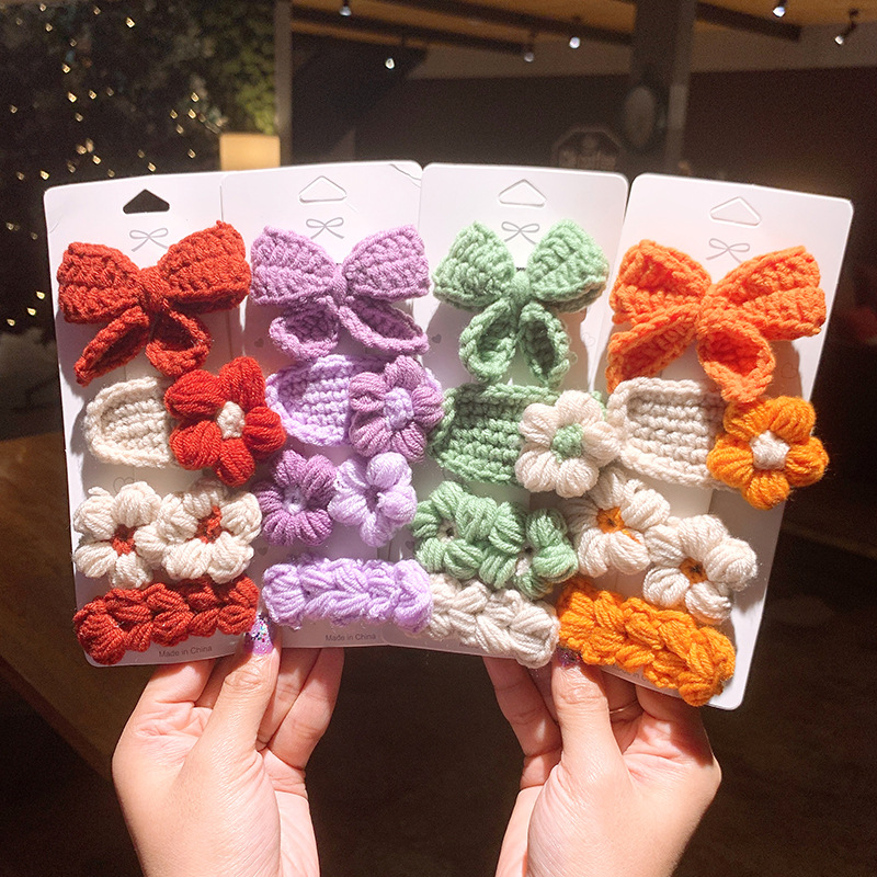 Knitted Bow Barrettes Wool Children's Hairpin Headdress Girls' Hand-Woven Flowers Folder Women's Korean Hair Accessories Knitted Bow Barrettes Wool Children's Hairpin Headdress Girls' Hand-Woven Flowers Folder Women's Korean Hair Accessories