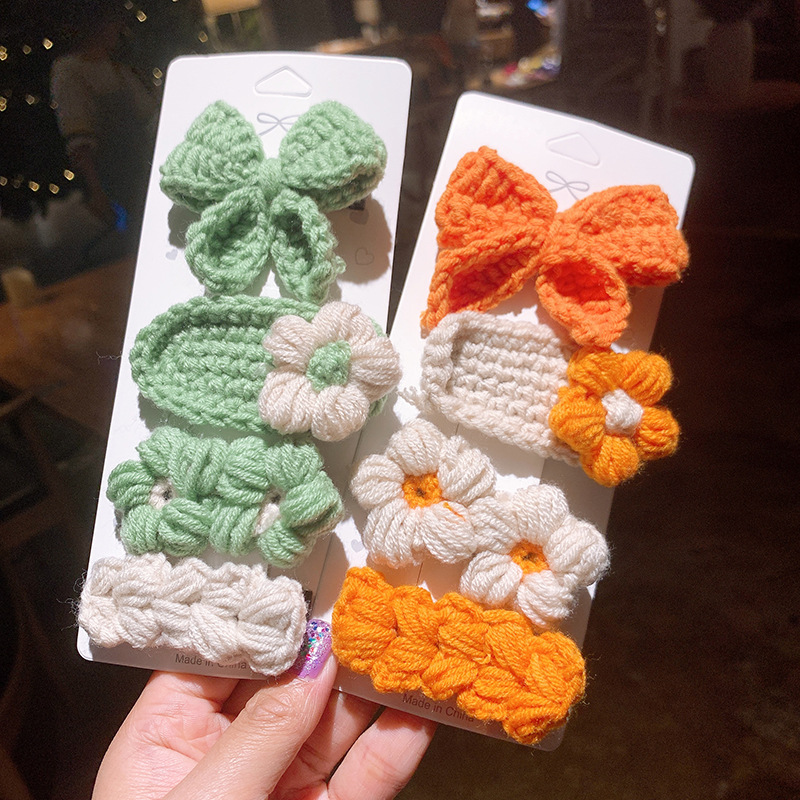 Knitted Bow Barrettes Wool Children's Hairpin Headdress Girls' Hand-Woven Flowers Folder Women's Korean Hair Accessories Knitted Bow Barrettes Wool Children's Hairpin Headdress Girls' Hand-Woven Flowers Folder Women's Korean Hair Accessories
