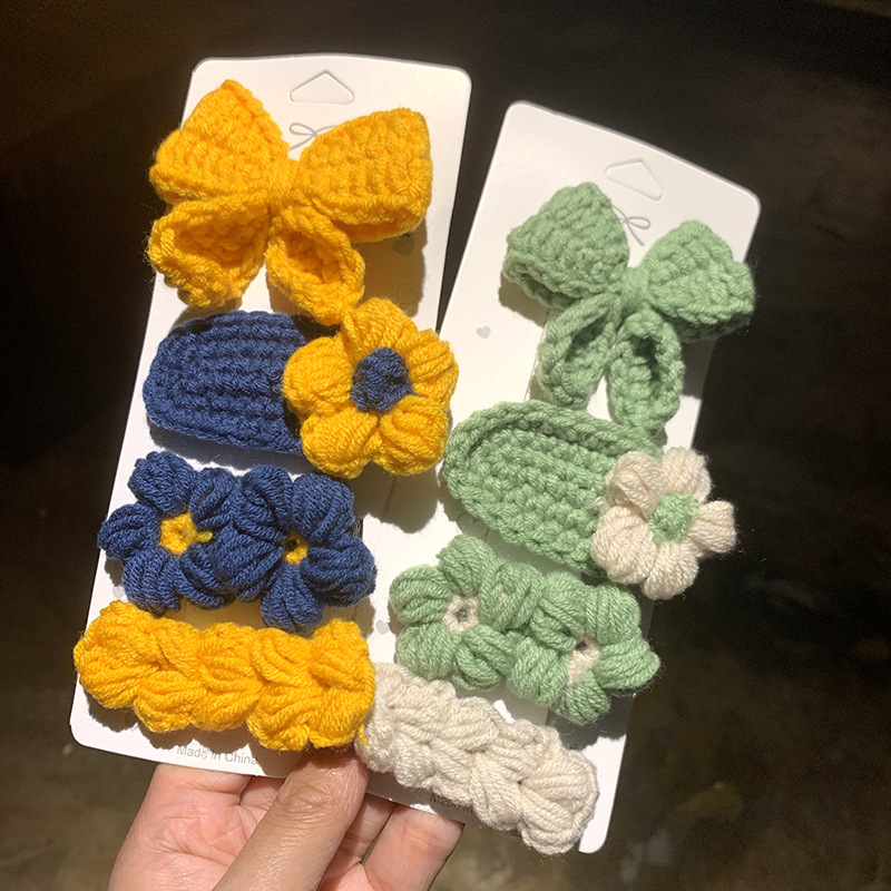 Knitted Bow Barrettes Wool Children's Hairpin Headdress Girls' Hand-Woven Flowers Folder Women's Korean Hair Accessories Knitted Bow Barrettes Wool Children's Hairpin Headdress Girls' Hand-Woven Flowers Folder Women's Korean Hair Accessories