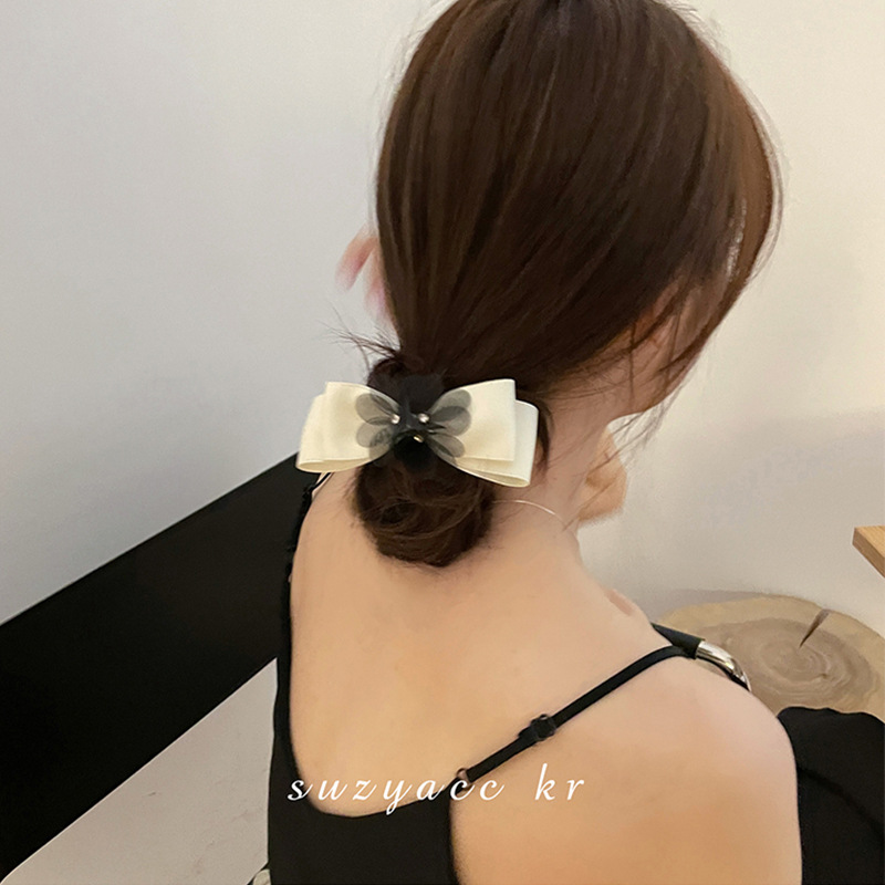 Korean Elegant Lady Net Yarn Flowers Satin Bowknot Hair Ring Niche Exquisite Tie-up Hair Head Rope Headdress Women