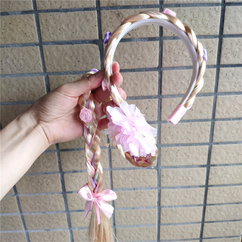 Children's Wig Braid Long Hair Princess Flowers Braid Headband Girls Korean Hair Accessories Baby House Playing Headdress