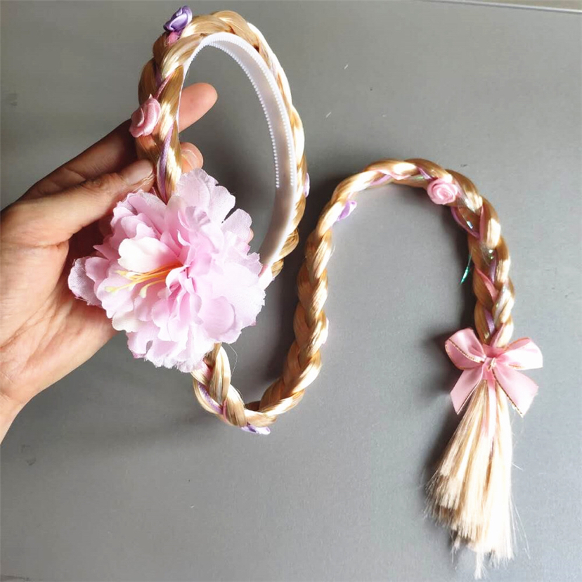 Children's Wig Braid Long Hair Princess Flowers Braid Headband Girls Korean Hair Accessories Baby House Playing Headdress