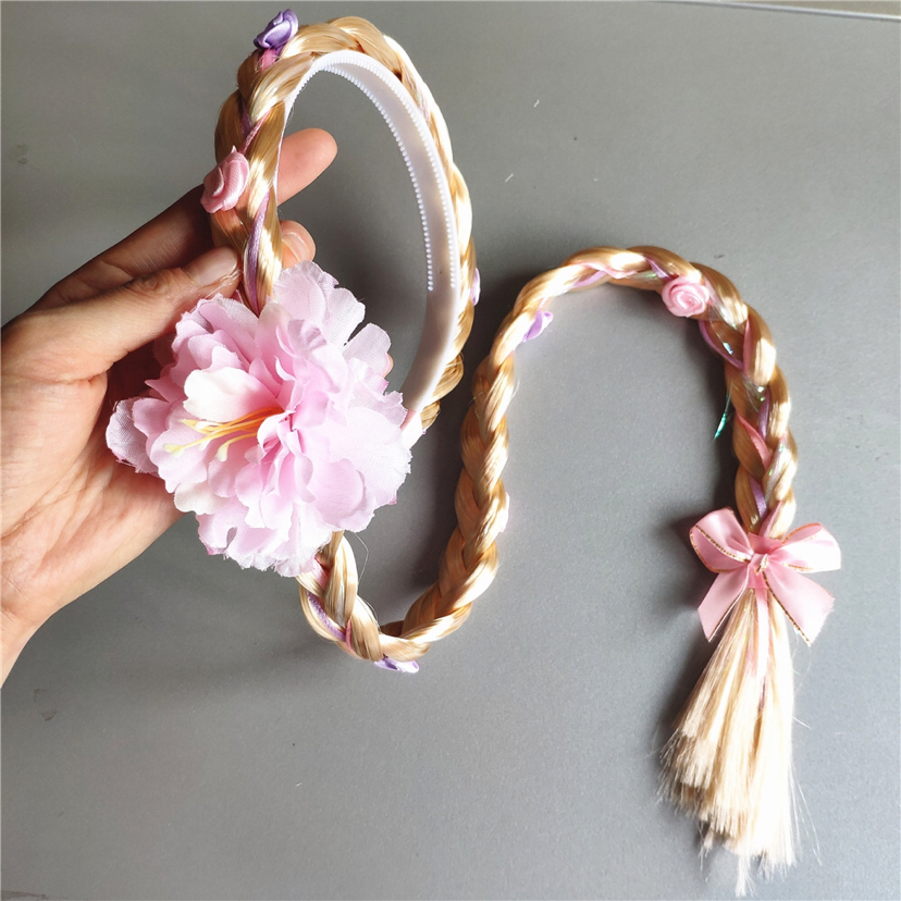 Children's Wig Braid Long Hair Princess Flowers Braid Headband Girls Korean Hair Accessories Baby House Playing Headdress