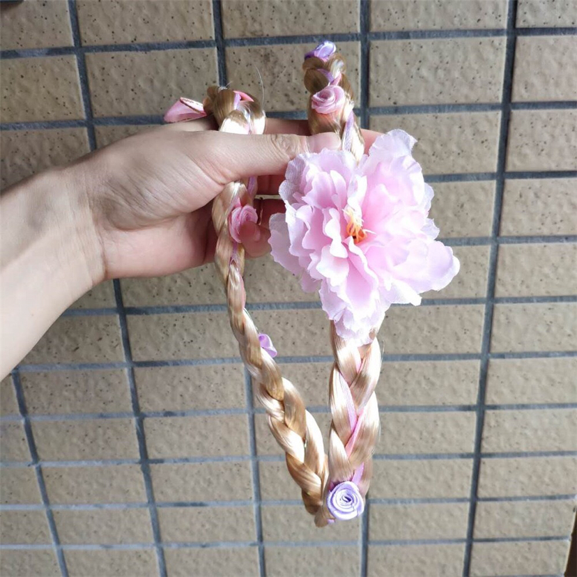 Children's Wig Braid Long Hair Princess Flowers Braid Headband Girls Korean Hair Accessories Baby House Playing Headdress