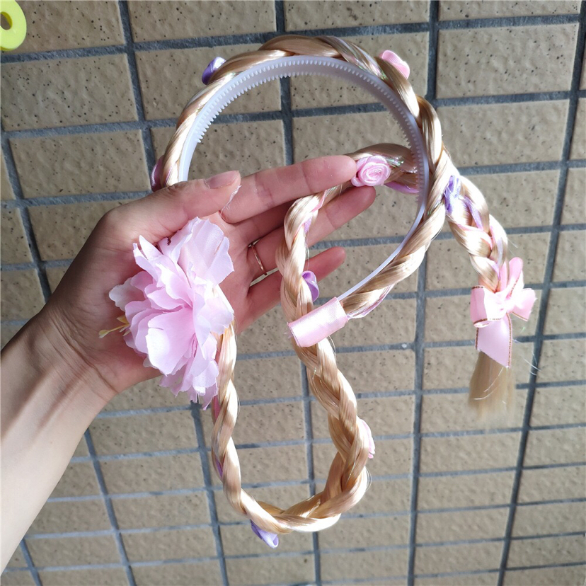 Children's Wig Braid Long Hair Princess Flowers Braid Headband Girls Korean Hair Accessories Baby House Playing Headdress
