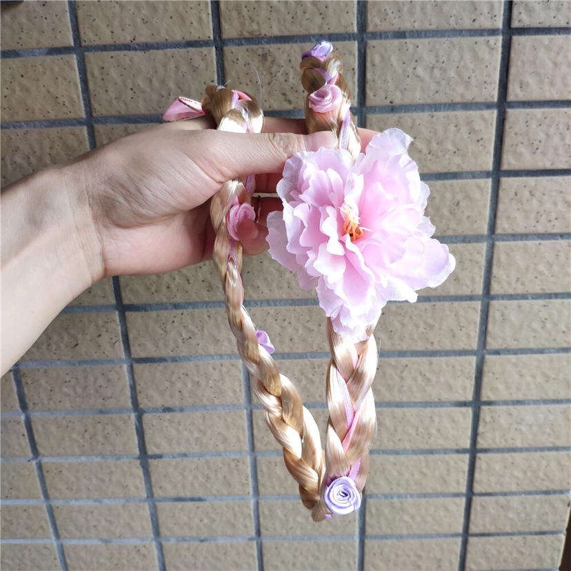 Children's Wig Braid Long Hair Princess Flowers Braid Headband Girls Korean Hair Accessories Baby House Playing Headdress