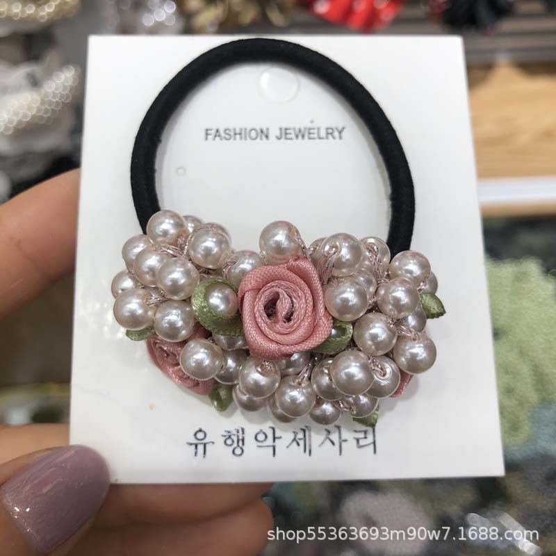 Korean-Style Cute Flowers Pearl Hair Band Women&#039;s Korean-Style Hairtie Top Cuft Ins Hair Accessories Woven Headband Hair Rope Headdress