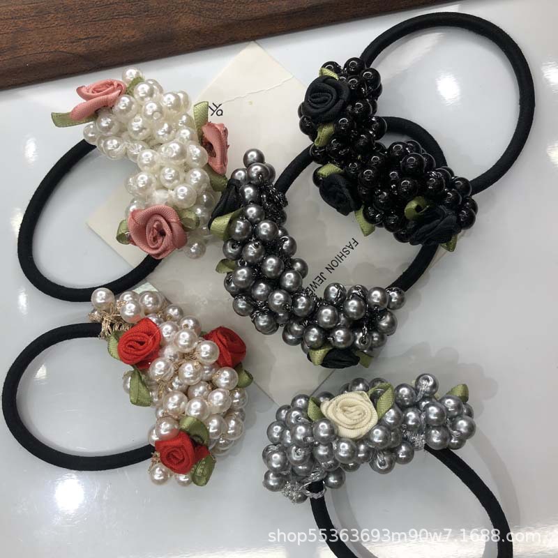 Korean-Style Cute Flowers Pearl Hair Band Women&#039;s Korean-Style Hairtie Top Cuft Ins Hair Accessories Woven Headband Hair Rope Headdress