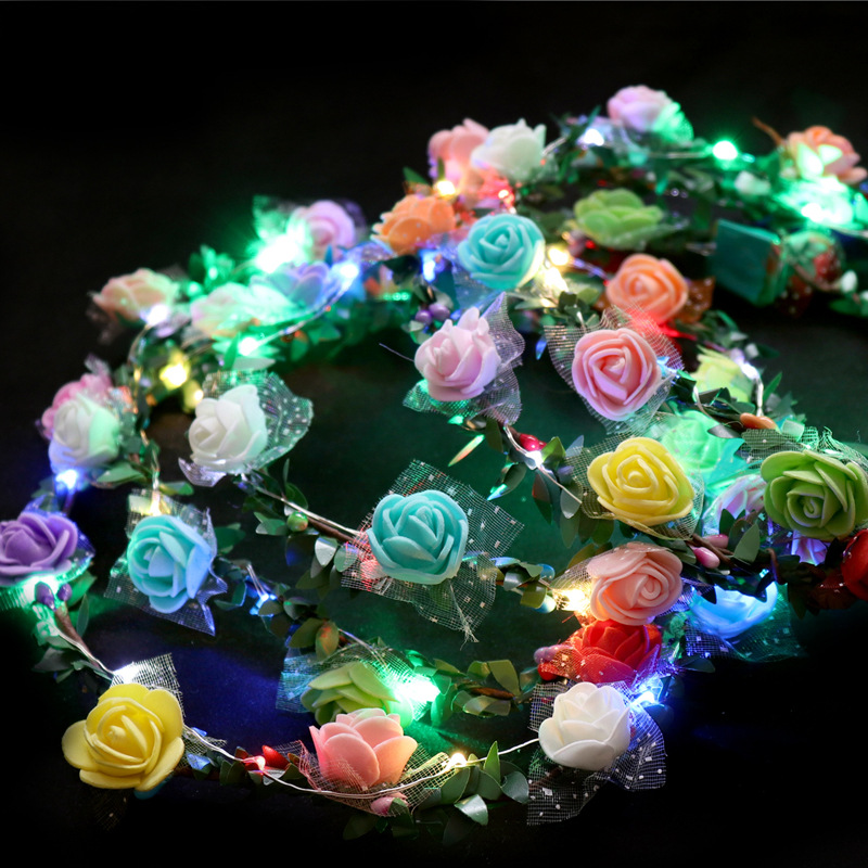 Stall Hot Sale Luminous Garland Ten Lights Ten Flowers Glowing Headdress Green Leaf Rattan Tourist Attractions Novelty Toys