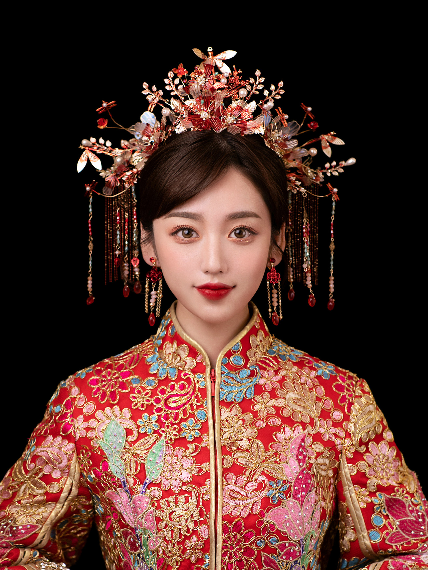 Xiuhe Headdress Bride 2021 New Ancient Chinese Costume Wedding Red Simple Flowers Elegant Phoenix Crown Headdress