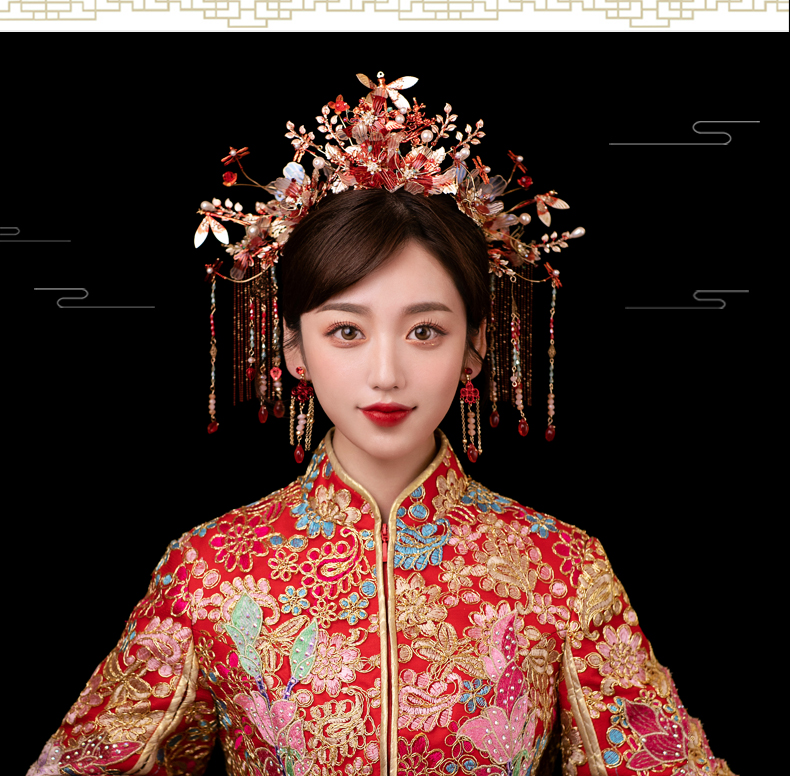 Xiuhe Headdress Bride 2021 New Ancient Chinese Costume Wedding Red Simple Flowers Elegant Phoenix Crown Headdress