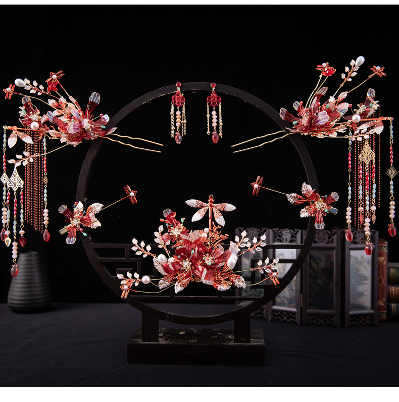 Xiuhe Headdress Bride 2021 New Ancient Chinese Costume Wedding Red Simple Flowers Elegant Phoenix Crown Headdress