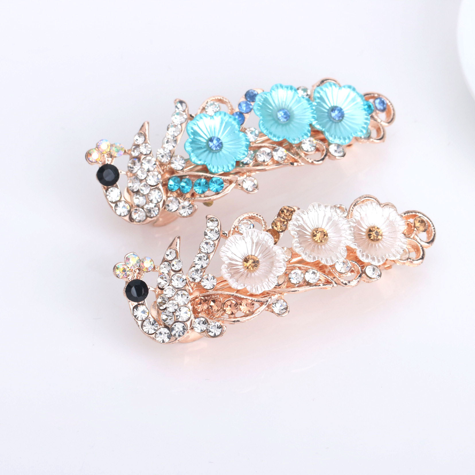 Small Korean Style Rhinestone Peacock Hairpin Headdress Women&#039;s Simple All-Match Flowers Head Clip Stall Supply Wholesale