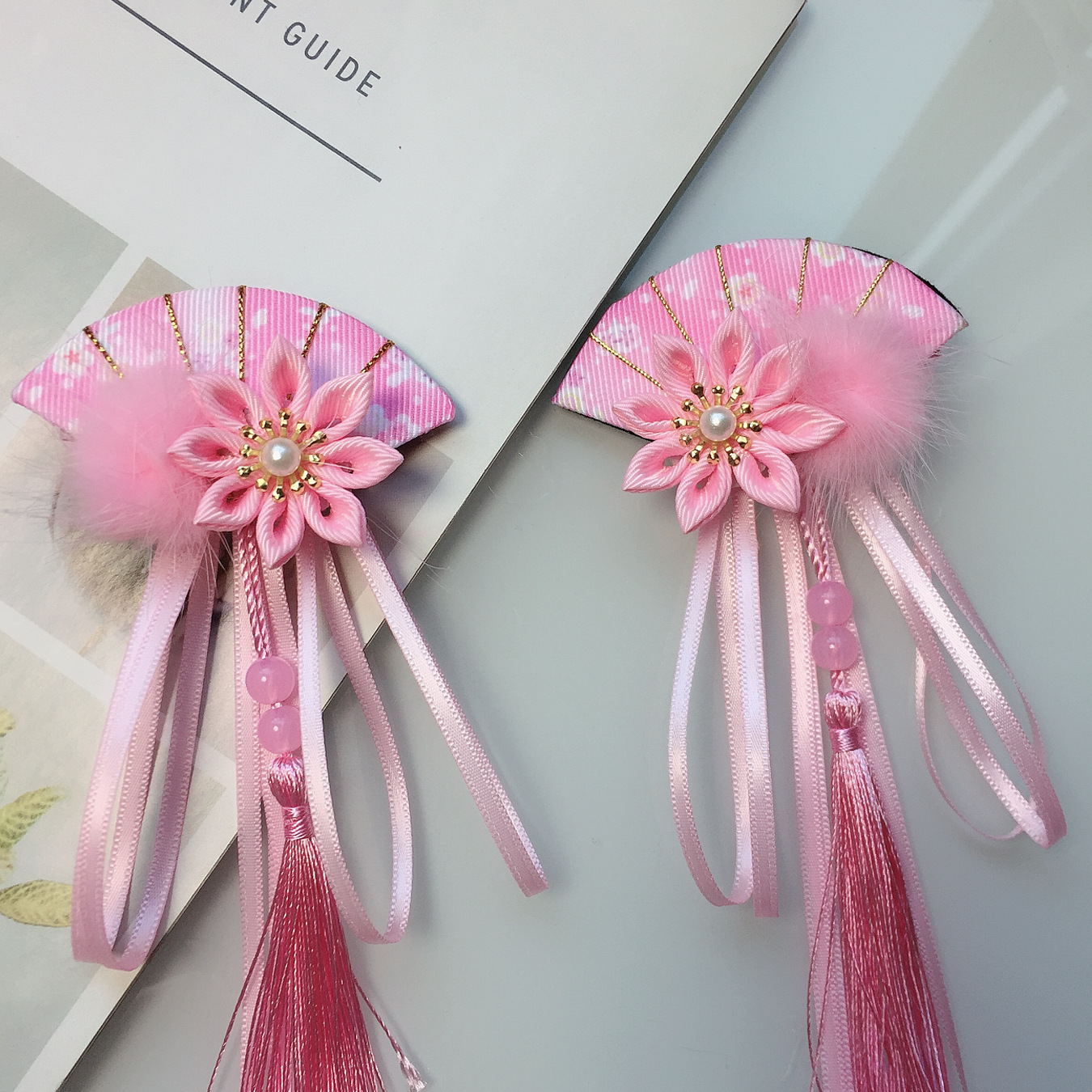 New Winter Models Japanese Style Fan Flowers Ribbon Tassel Hairpin Children&#039;s Han Chinese Costume Hair Costume Headdress Girl Edge Clamp