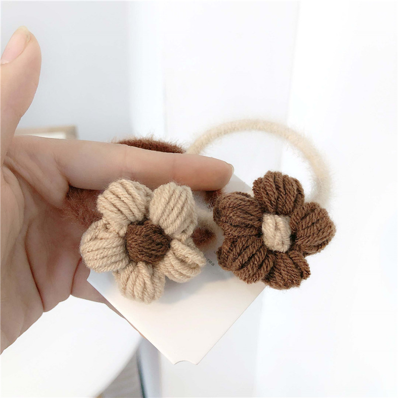 Flower Milk Tea Coffee Color Series Wool Flowers Headband Good-looking Fairy Hair Ring Fashion All-Match Highly Elastic Hair Rope Headdress