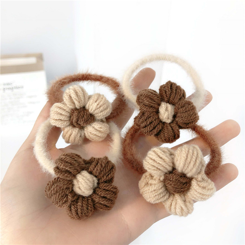 Flower Milk Tea Coffee Color Series Wool Flowers Headband Good-looking Fairy Hair Ring Fashion All-Match Highly Elastic Hair Rope Headdress