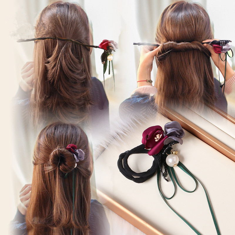 Korean Style Lounger Hair Device Hair Band Super Fairy Flowers Tie up a Bun Hairstyle Pearl Hair Bun Artifact Headdress Wholesale