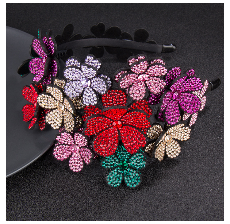Headband Women's Three-Dimensional Flower Wide-Edge Rhinestone Large Headband High-End Rhinestone-Encrusted Color Non-Slip Hairpin Mori Style Hundred Flowers Headdress