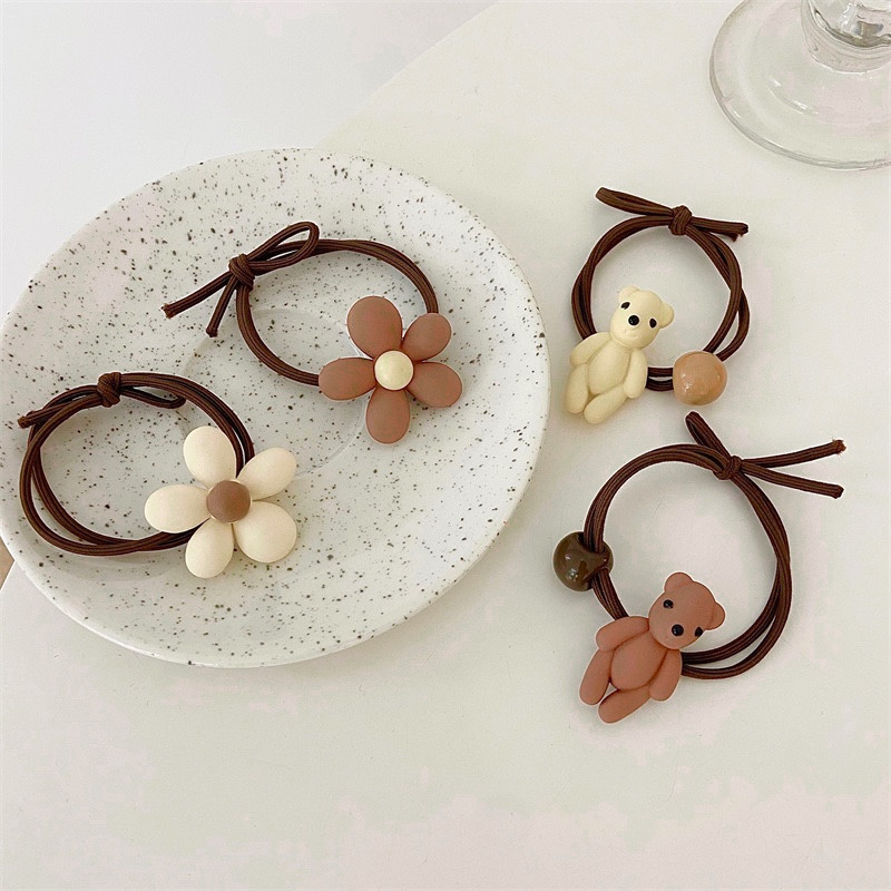 New Milk Coffee Color Series Hair Band Korean Style Simple Bear Cute Flowers High Elastic Rubber Band Sweet Fresh Headdress