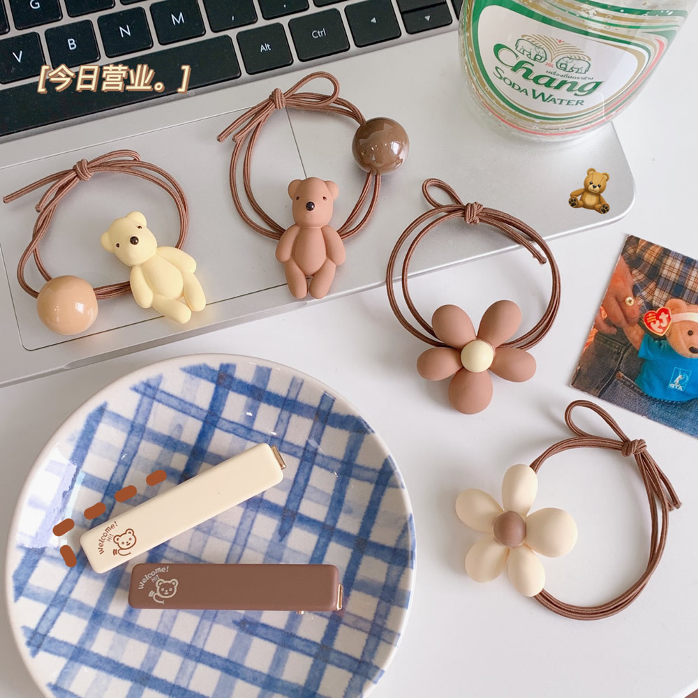 New Milk Coffee Color Series Hair Band Korean Style Simple Bear Cute Flowers High Elastic Rubber Band Sweet Fresh Headdress