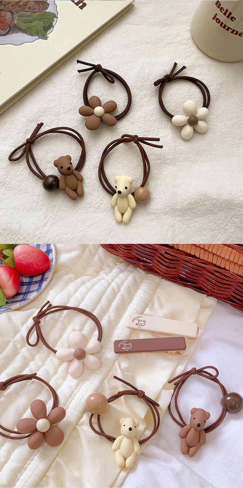 New Milk Coffee Color Series Hair Band Korean Style Simple Bear Cute Flowers High Elastic Rubber Band Sweet Fresh Headdress