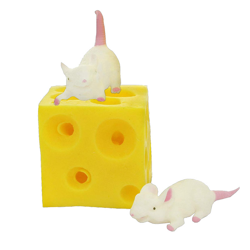 Funny mice and cheese squeeze toys, bouncy mice hidden in cheese holes, latex decompression toys