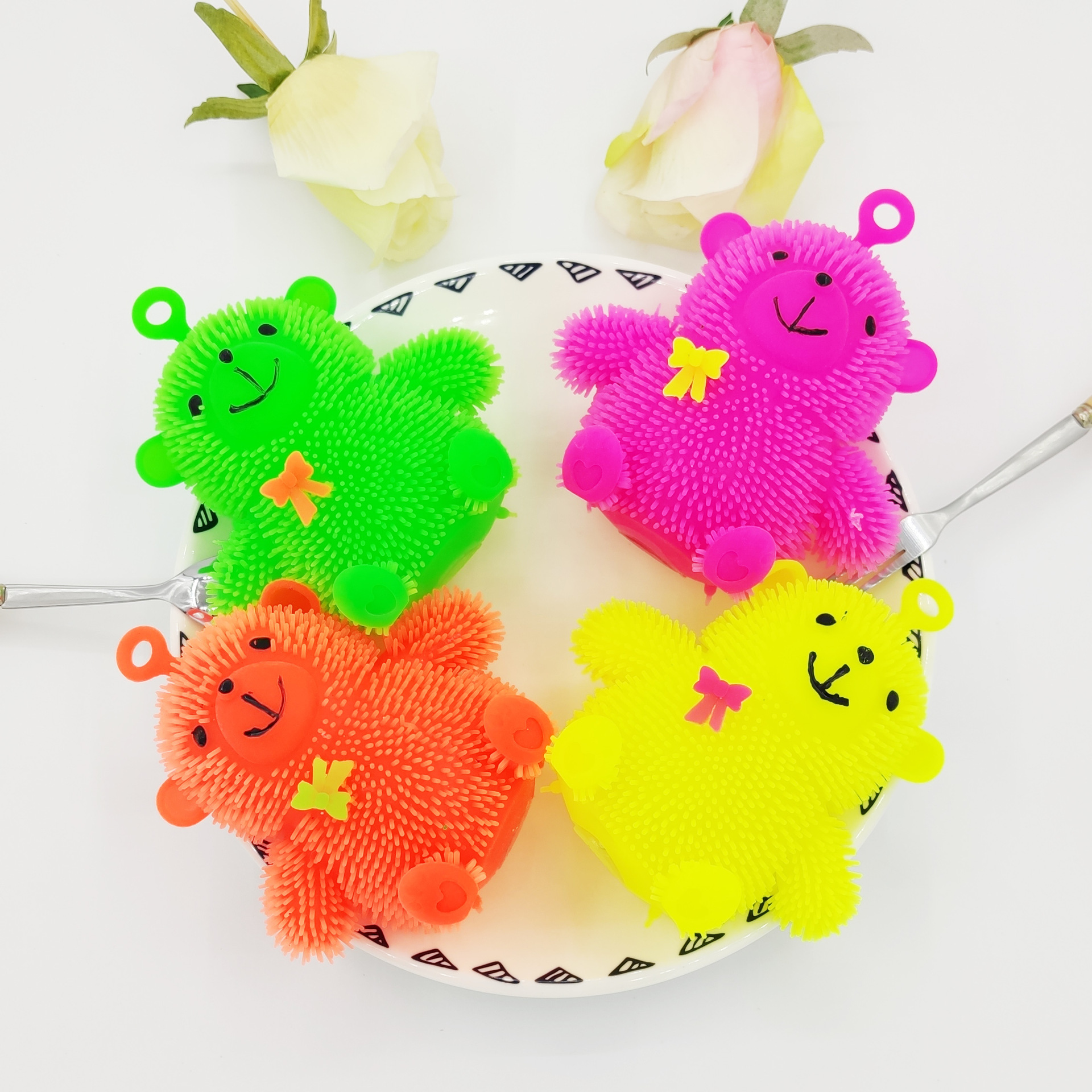 Bear Bear flash fur ball sit Bear bow tie Bear fur ball shine fur ball soft glue release bouncy ball