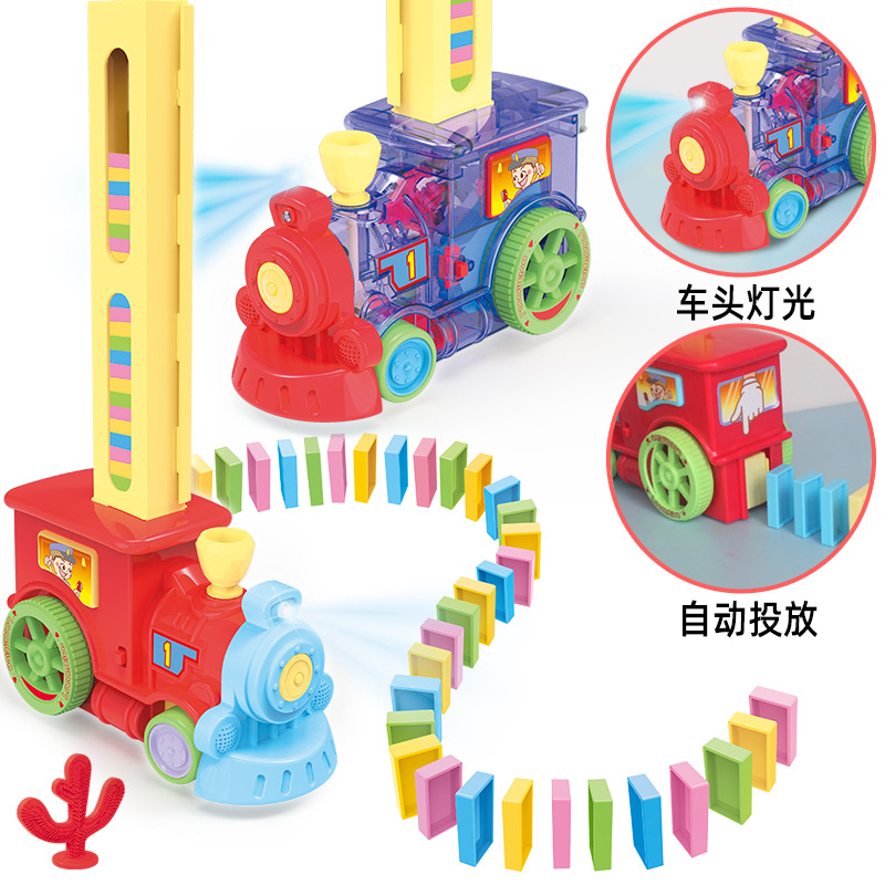 Children&#039;s Educational Dominoes Train Toy DIY Parent-Child Interaction Automatic Card Issuing Unit Blocks on Wheels with Sound and Light