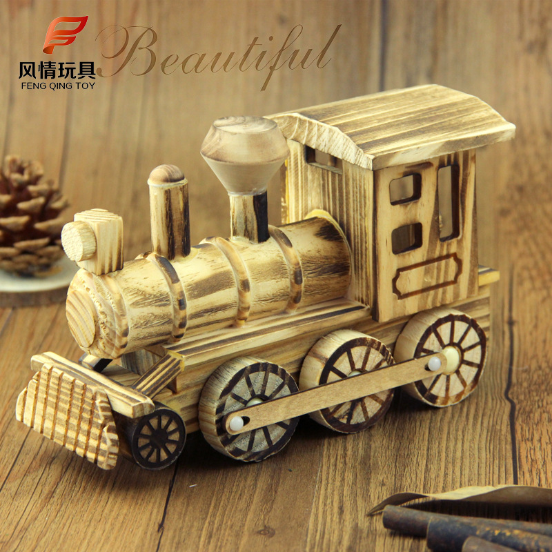 Handmade Wooden Simulation Locomotive Wooden Toy Children&#039;s Wooden Car Model Toy Retro Steam Train Model