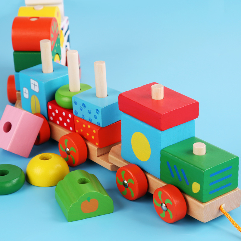 Children's Wooden Animal Train Assembly Combination Early Education Wooden Mop Farm Intelligence Building Blocks Toy Car Wholesale