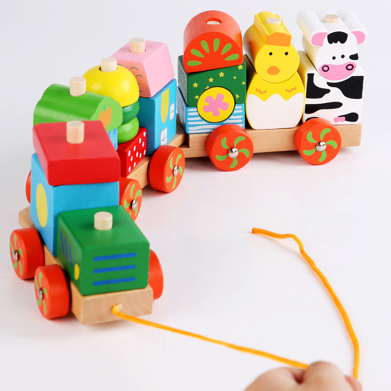 Children's Wooden Animal Train Assembly Combination Early Education Wooden Mop Farm Intelligence Building Blocks Toy Car Wholesale