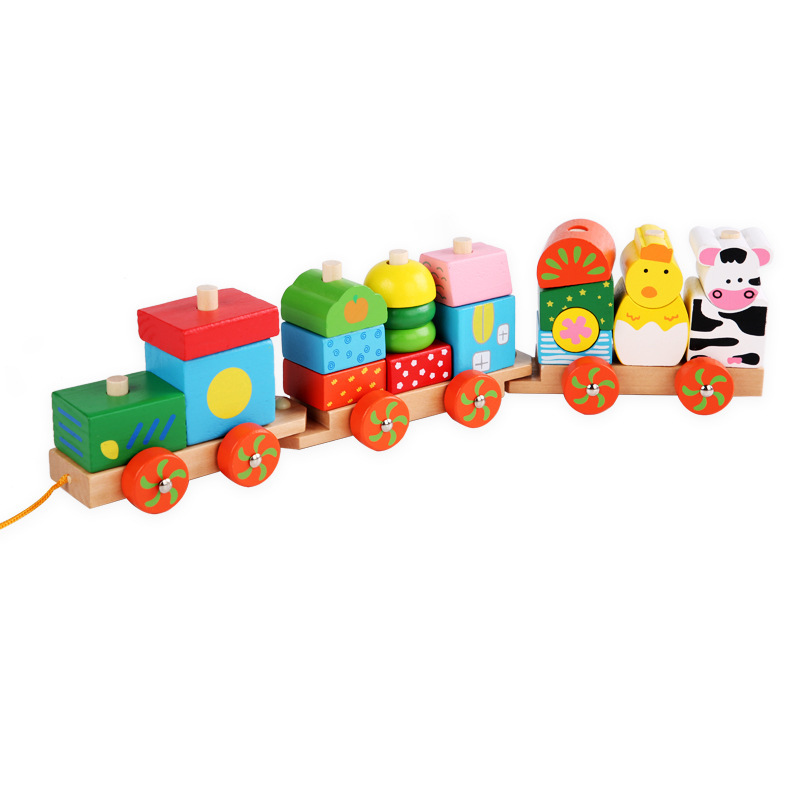 Children's Wooden Animal Train Assembly Combination Early Education Wooden Mop Farm Intelligence Building Blocks Toy Car Wholesale