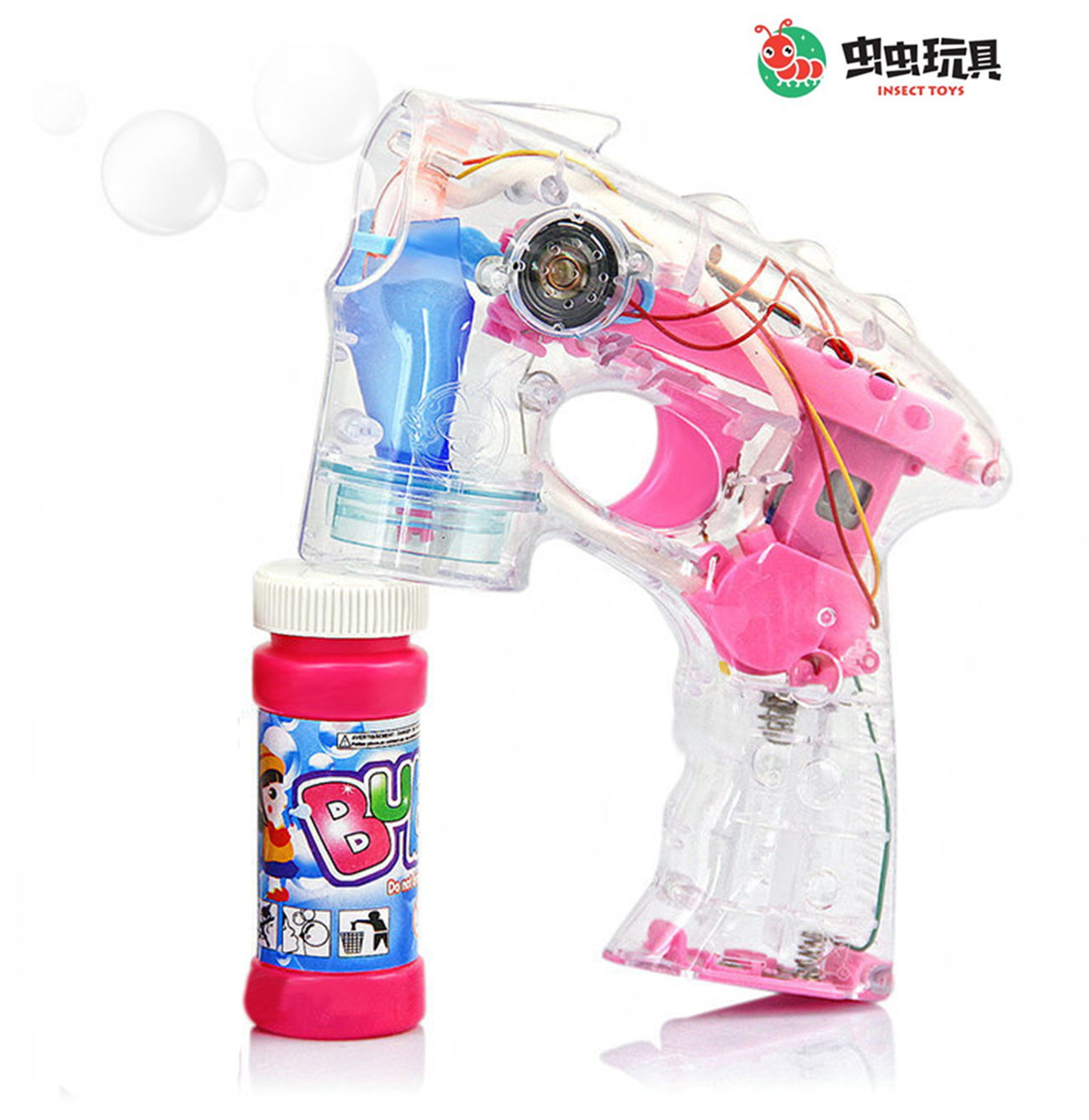 Booth hot style fully automatic transparent light music bubble gun electric toys with bubble water square hot sale