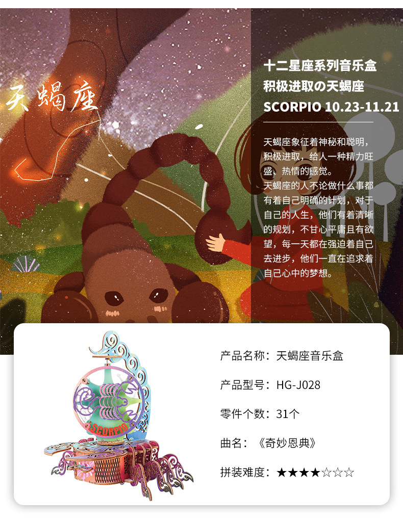Hongtai 12 Constellation Music Box Qixi Valentine's Day Creative Gift Wooden 3D 3D Puzzle Model Handmade Music Box Hongtai 12 Constellation Music Box Qixi Valentine's Day Creative Gift Wooden 3D 3D Puzzle Model Handmade Music Box
