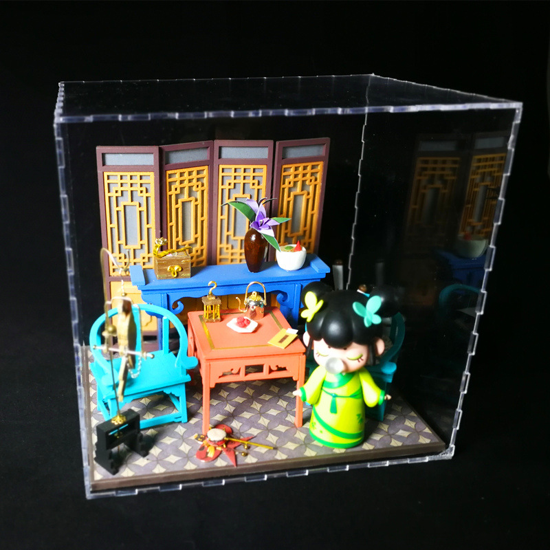 Robotime Pinkuyi Model Loz Toy Box DIY Cottage Music Box Art House Dust Cover Customized Acrylic Cutting