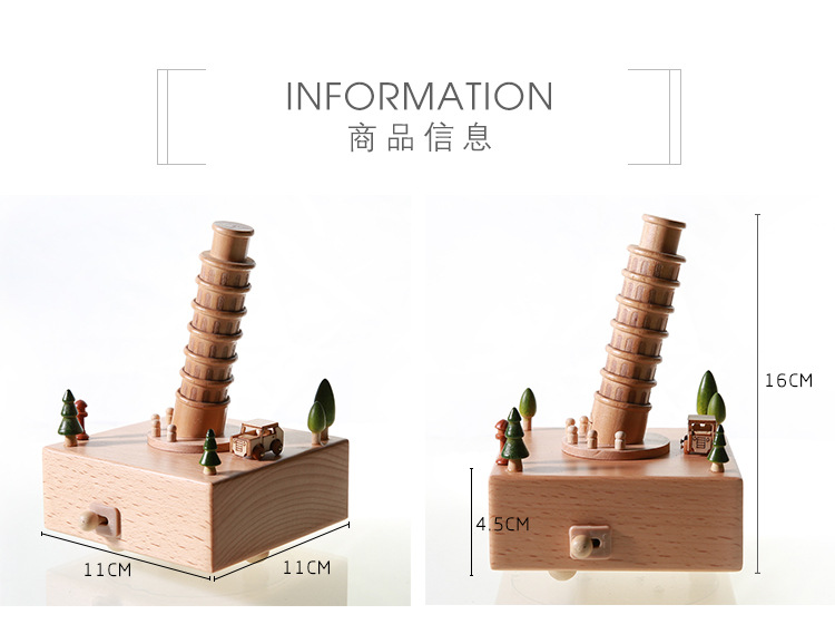 Customizable Logo Factory Direct Sales Beech Crafts Handmade Pizza Leaning Tower Music Box Music Box Small Music Bell
