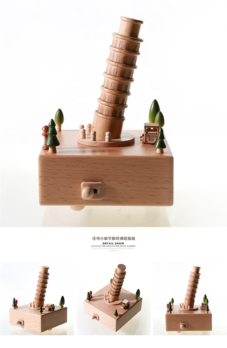 Customizable Logo Factory Direct Sales Beech Crafts Handmade Pizza Leaning Tower Music Box Music Box Small Music Bell