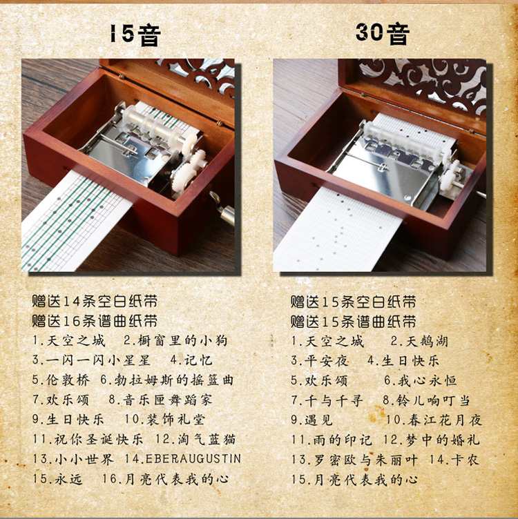 Feige 15/30 Tone Hand-Cranked Paper Tape Music Music Box Retro Wood DIY Music Box Creative Gift DIY