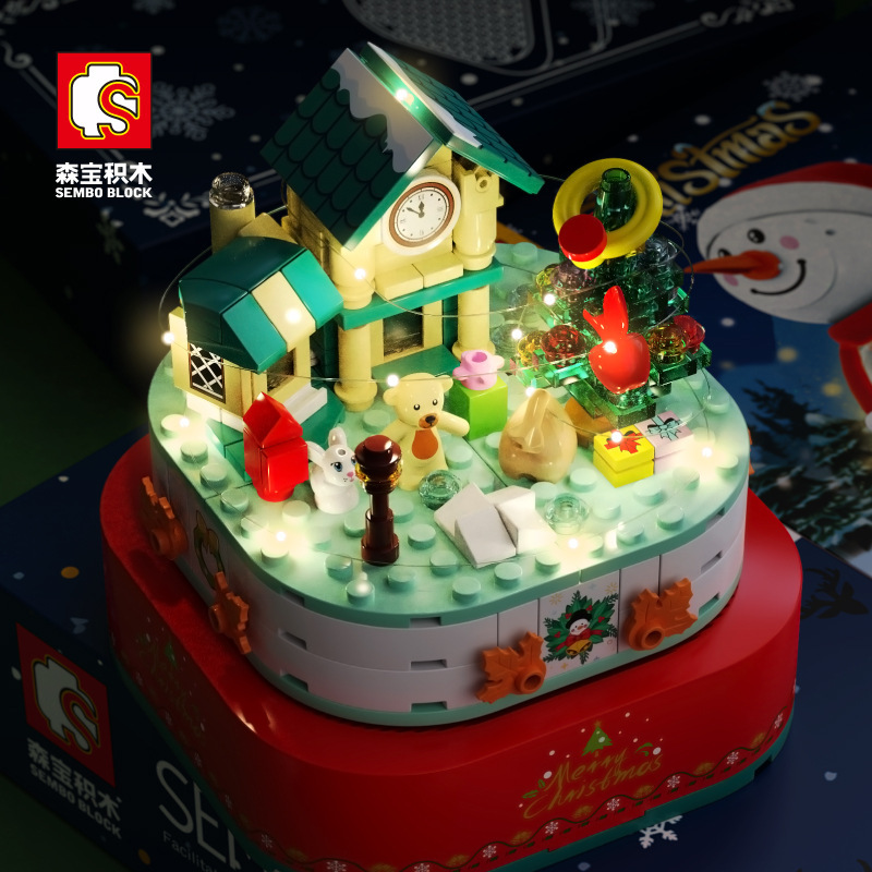 Cross-Border Baby SEMP 601162 Christmas Snowman House Christmas Tree Music Box Lighting Santa Building Blocks Toys