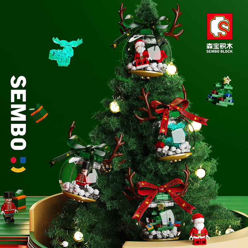 Cross-Border Baby SEMP 601162 Christmas Snowman House Christmas Tree Music Box Lighting Santa Building Blocks Toys