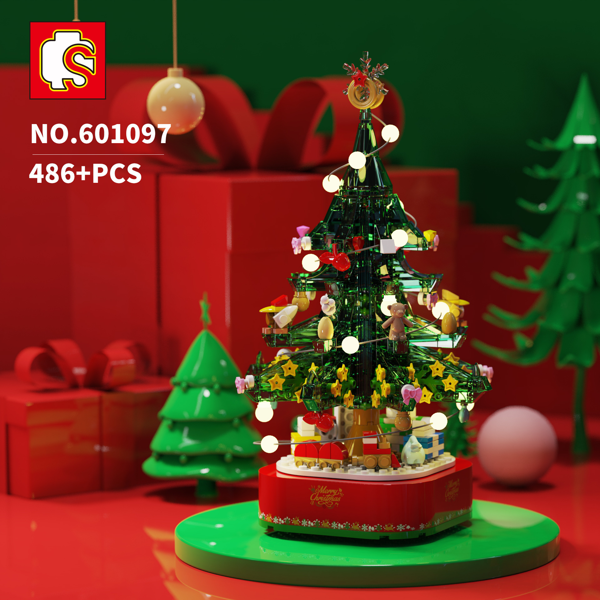 Cross-Border Baby SEMP 601162 Christmas Snowman House Christmas Tree Music Box Lighting Santa Building Blocks Toys