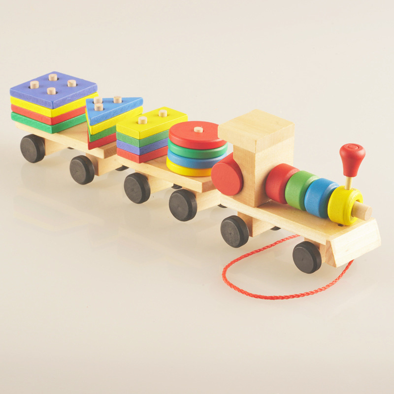Wooden Train Three-Section Shape Matching Trailer Toy Children&#039;s Early Childhood Education Intelligence Montessori Teaching Aids Building Blocks