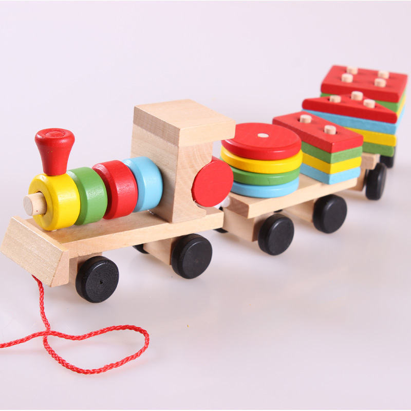 Wooden Train Three-Section Shape Matching Trailer Toy Children&#039;s Early Childhood Education Intelligence Montessori Teaching Aids Building Blocks