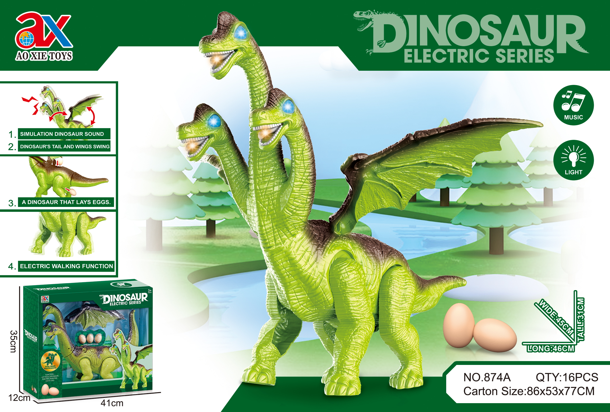 Children 'S Electric Overlord Oviraptor Dinosaur Three-Head Dinosaur Toy With Light Sound Egg Laying Function