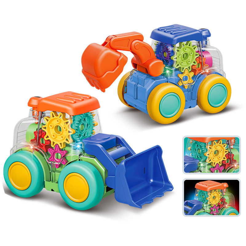 Fun Electric Colorful Light Cardon Link Transparent Music Gear Mining Soil Pushing Children's Engineering Toy Car