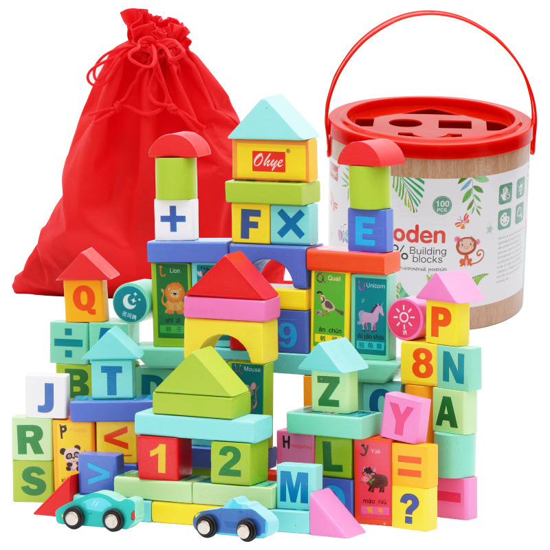 100 Barrel Building Blocks Children&#039;s Wooden Letters Wood Assembly Baby Toys Early Childhood Education Factory Wholesale