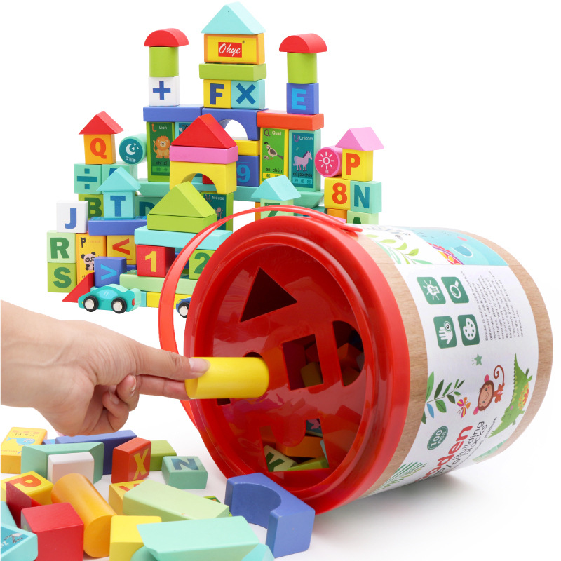 100 Barrel Building Blocks Children&#039;s Wooden Letters Wood Assembly Baby Toys Early Childhood Education Factory Wholesale