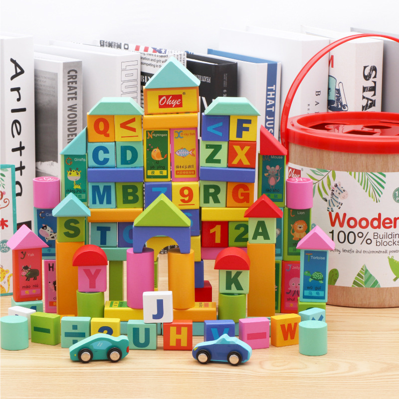100 Barrel Building Blocks Children&#039;s Wooden Letters Wood Assembly Baby Toys Early Childhood Education Factory Wholesale